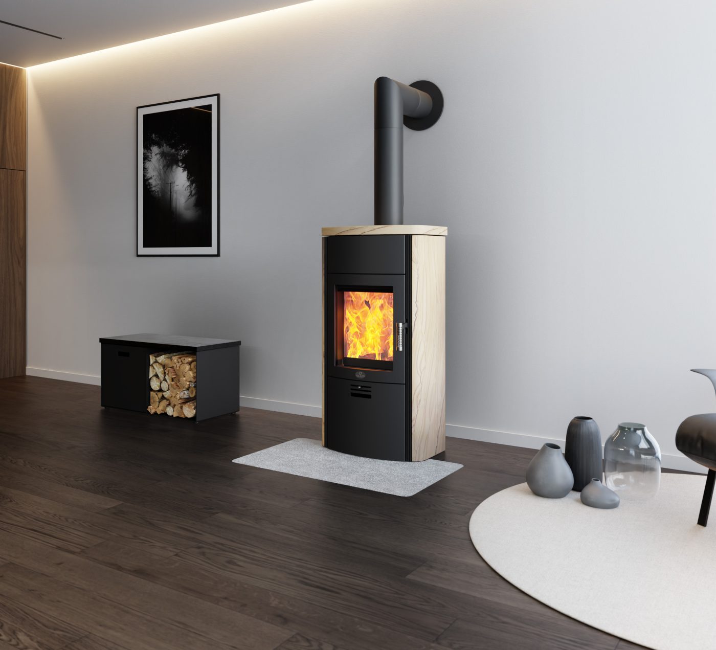 The same Toulouse S sandstone stove burning logs