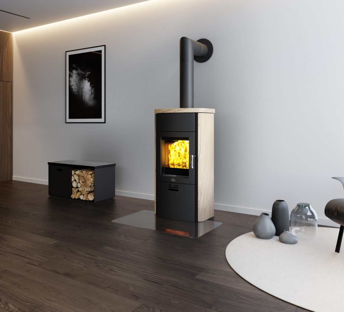 Toulouse S sandstone stove running with the pellet system insert
