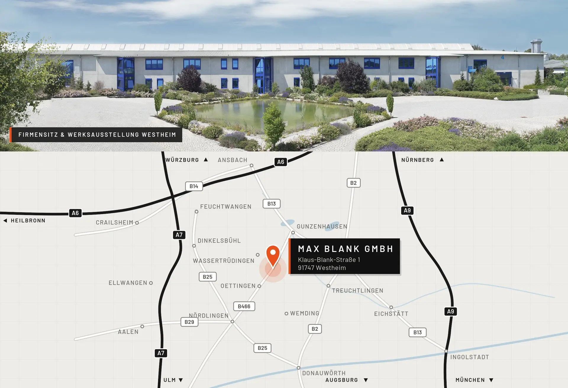 Max Blank hovedkontor i Westheim med veibeskrivelseskart: Klaus-Blank-Straße 1, 91747 Westheim